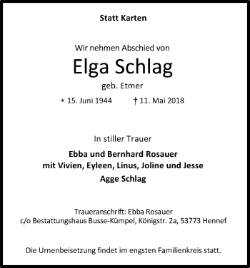 Anzeige von Elga Schlag von Kölner Stadt-Anzeiger / Kölnische Rundschau / Express