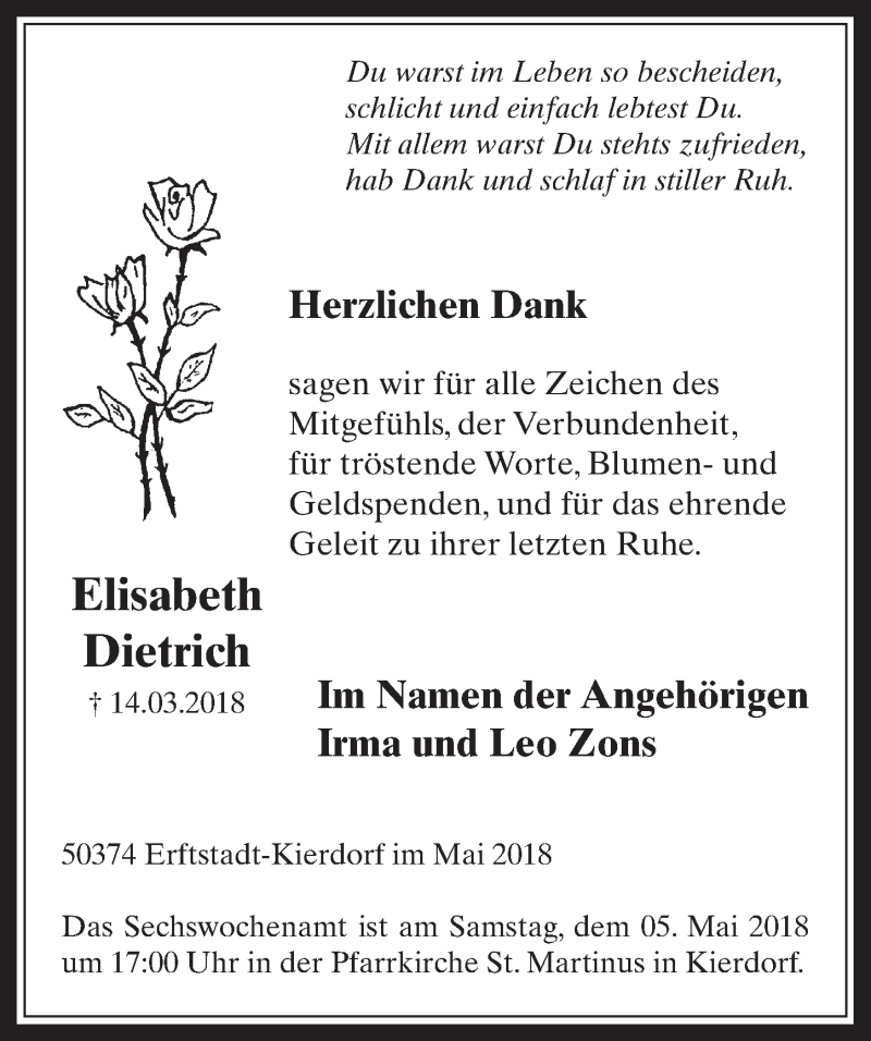  Traueranzeige für Elisabeth Dietrich vom 02.05.2018 aus  Werbepost 