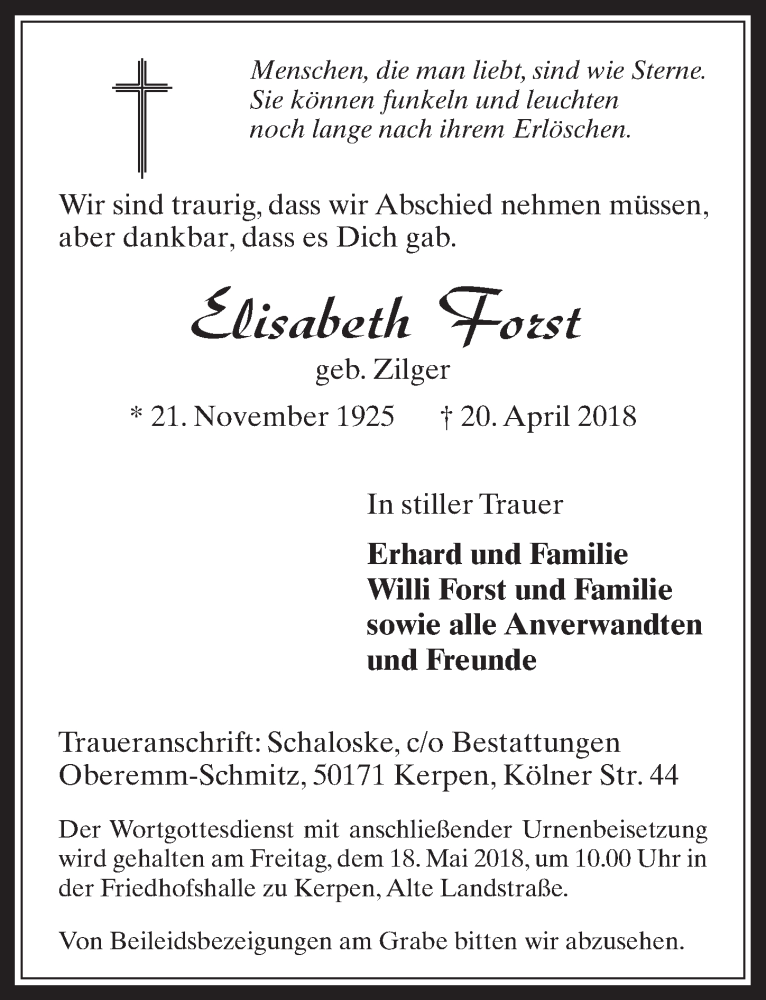  Traueranzeige für Elisabeth Forst vom 16.05.2018 aus  Werbepost 