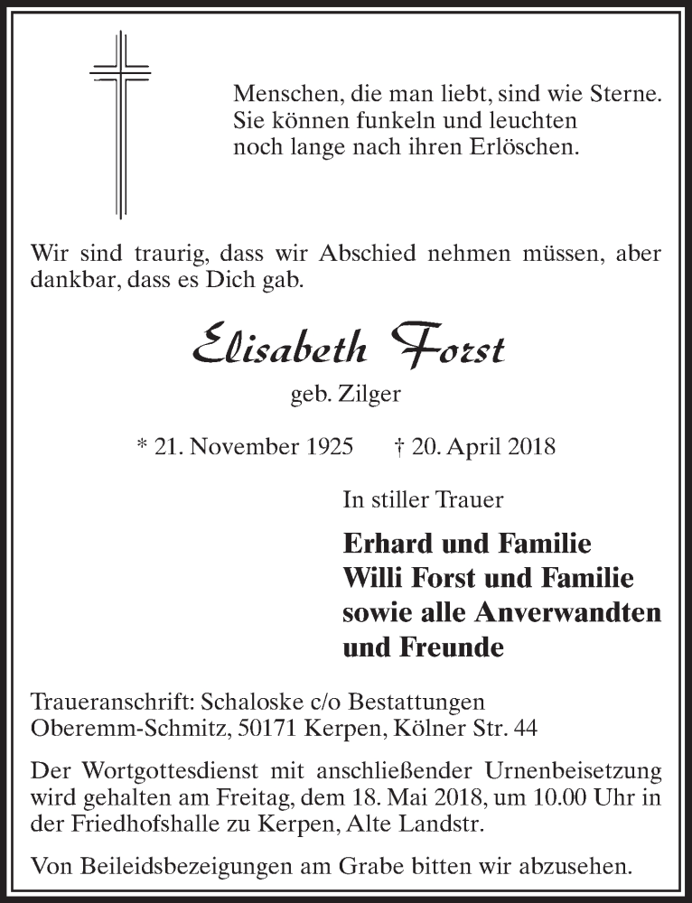  Traueranzeige für Elisabeth Forst vom 12.05.2018 aus  Sonntags-Post 