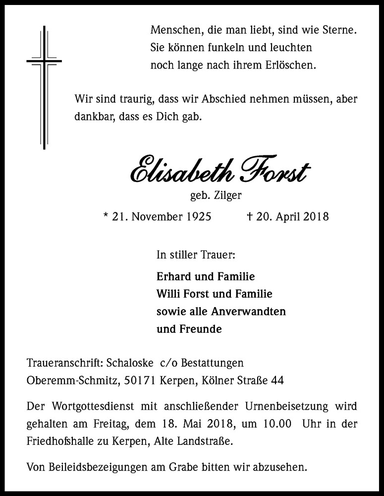  Traueranzeige für Elisabeth Forst vom 12.05.2018 aus Kölner Stadt-Anzeiger / Kölnische Rundschau / Express