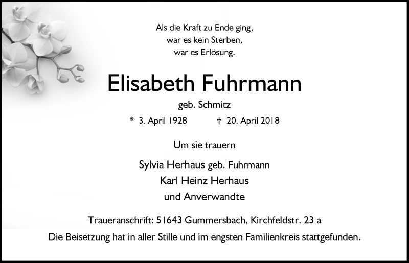  Traueranzeige für Elisabeth Fuhrmann vom 09.05.2018 aus  Anzeigen Echo 
