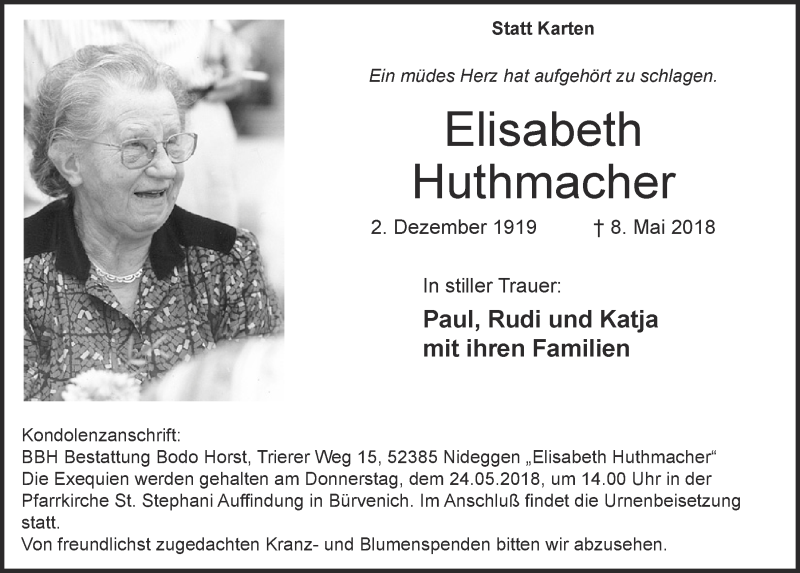  Traueranzeige für Elisabeth Huthmacher vom 19.05.2018 aus  Blickpunkt Euskirchen 