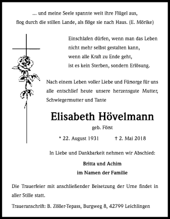Anzeige von Elisabeth Hövelmann von Kölner Stadt-Anzeiger / Kölnische Rundschau / Express