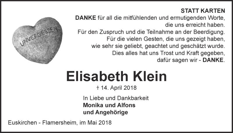  Traueranzeige für Elisabeth Klein vom 26.05.2018 aus  Blickpunkt Euskirchen 