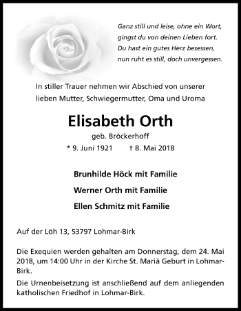 Anzeige von Elisabeth Orth von Kölner Stadt-Anzeiger / Kölnische Rundschau / Express