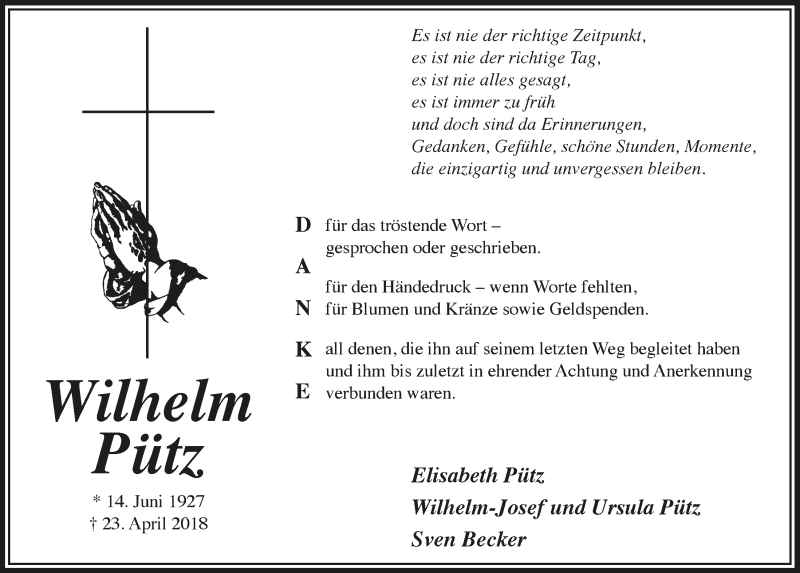  Traueranzeige für Elisabeth Pütz vom 30.05.2018 aus  Schaufenster/Blickpunkt 