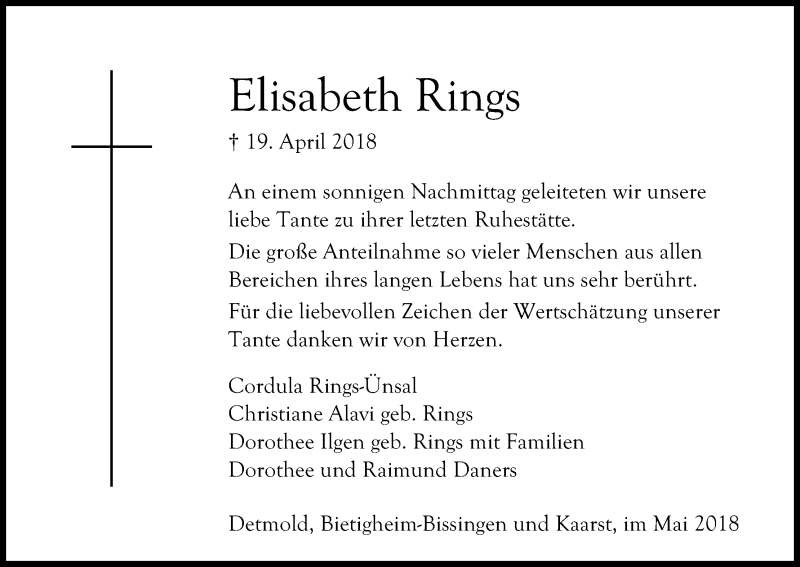  Traueranzeige für Elisabeth Rings vom 26.05.2018 aus Kölner Stadt-Anzeiger / Kölnische Rundschau / Express