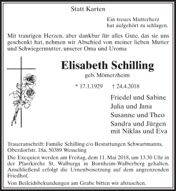 Anzeige von Elisabeth Schilling von  Schlossbote/Werbekurier 