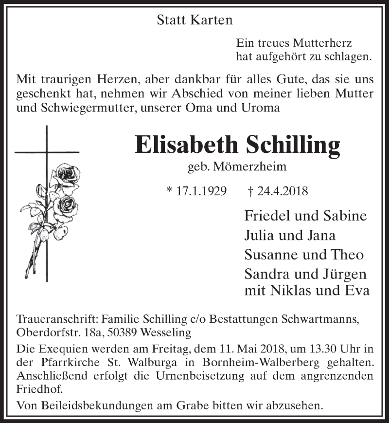  Traueranzeige für Elisabeth Schilling vom 09.05.2018 aus  Schlossbote/Werbekurier 