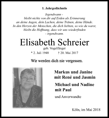 Anzeige von Elisabeth Schreier von Kölner Stadt-Anzeiger / Kölnische Rundschau / Express