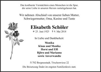 Anzeige von Elisabeth Schöler von  Anzeigen Echo 
