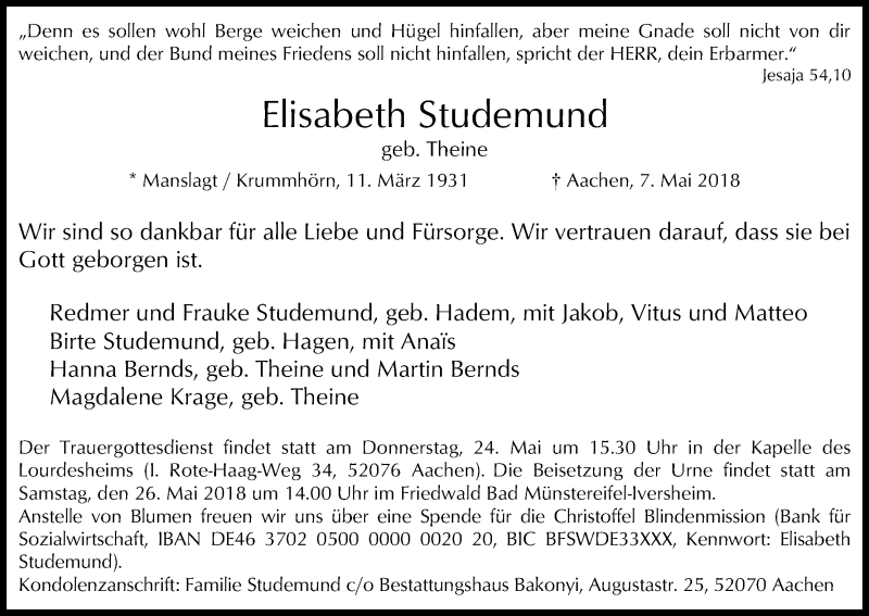  Traueranzeige für Elisabeth Studemund vom 19.05.2018 aus Kölner Stadt-Anzeiger / Kölnische Rundschau / Express