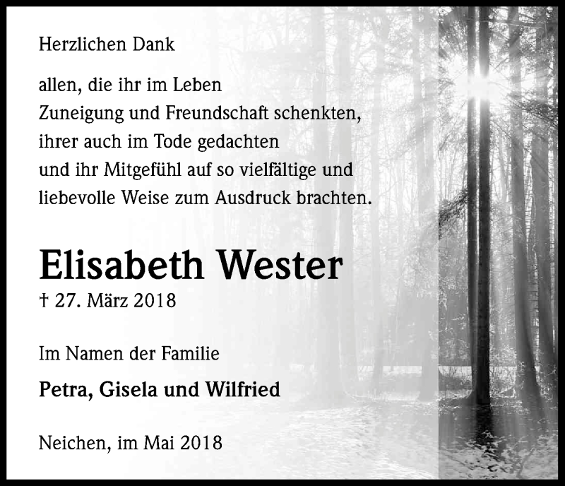  Traueranzeige für Elisabeth Wester vom 16.05.2018 aus Kölner Stadt-Anzeiger / Kölnische Rundschau / Express
