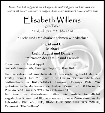 Anzeige von Elisabeth Willems von Kölner Stadt-Anzeiger / Kölnische Rundschau / Express