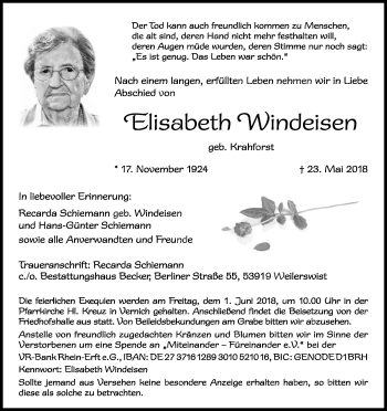 Anzeige von Elisabeth Windeisen von Kölner Stadt-Anzeiger / Kölnische Rundschau / Express