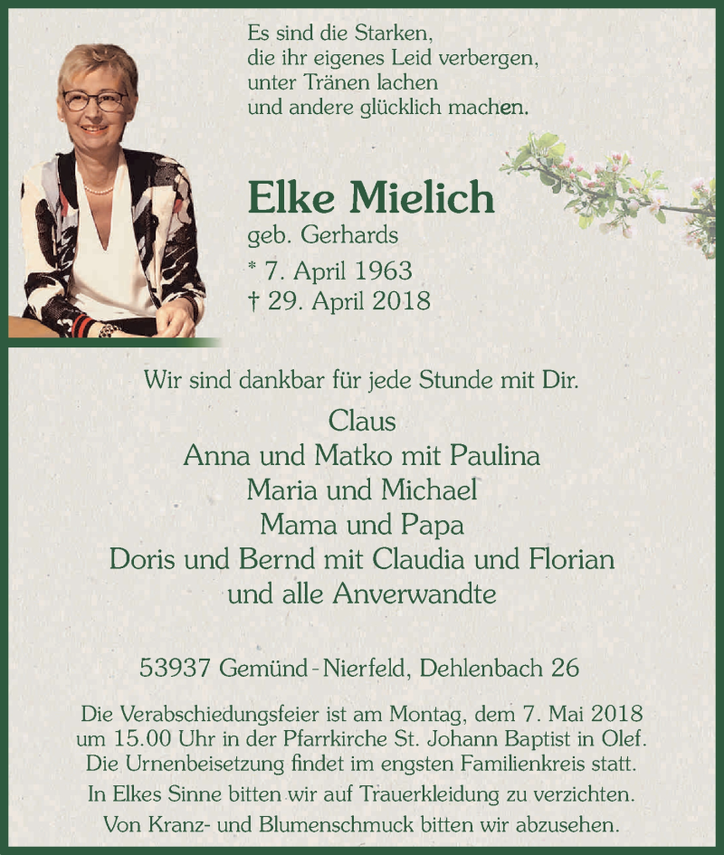  Traueranzeige für Elke Mielich vom 04.05.2018 aus Kölner Stadt-Anzeiger / Kölnische Rundschau / Express