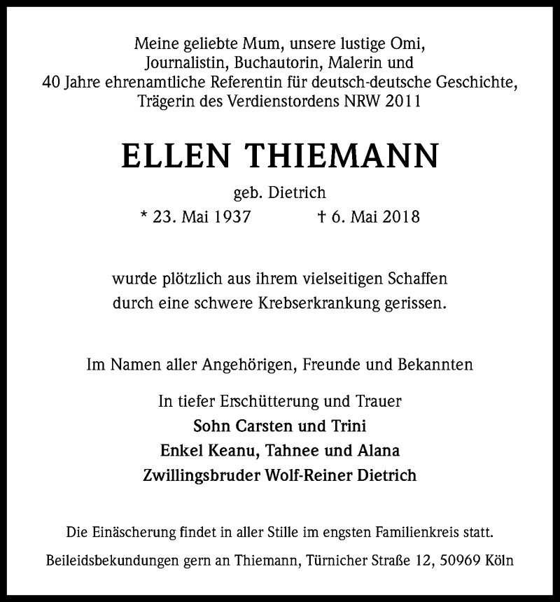  Traueranzeige für Ellen Thiemann vom 12.05.2018 aus Kölner Stadt-Anzeiger / Kölnische Rundschau / Express