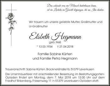 Anzeige von Elsbeth Hegmann von  Leverkusener Wochenende 
