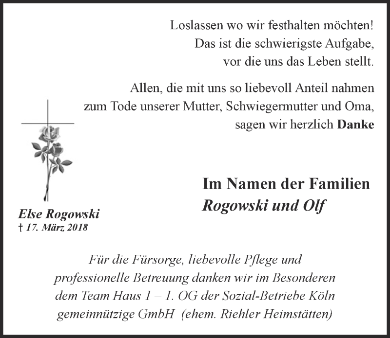  Traueranzeige für Else Rogowski vom 02.05.2018 aus  Kölner Wochenspiegel 