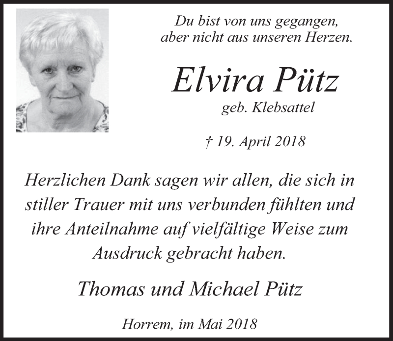  Traueranzeige für Elvira Pütz vom 30.05.2018 aus  Werbepost 
