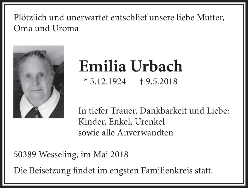  Traueranzeige für Emilia Urbach vom 16.05.2018 aus  Schlossbote/Werbekurier 