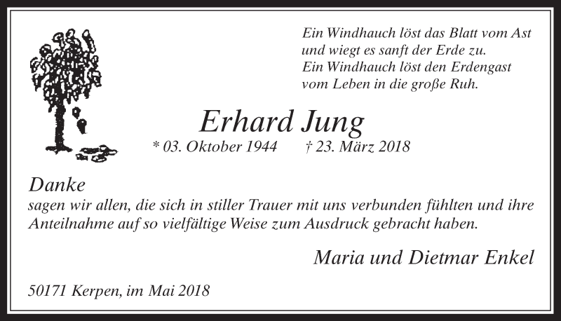  Traueranzeige für Erhard Jung vom 02.05.2018 aus  Werbepost 