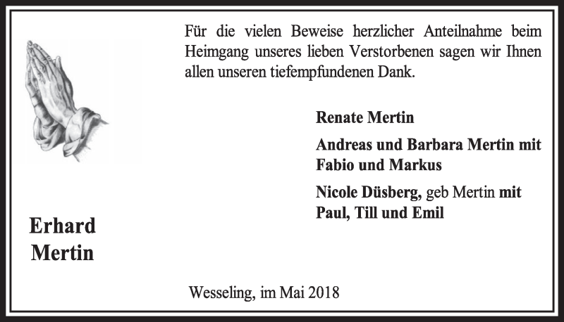  Traueranzeige für Erhard Mertin vom 02.05.2018 aus  Schlossbote/Werbekurier 