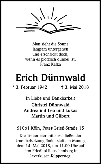Anzeige von Erich Dünnwald von Kölner Stadt-Anzeiger / Kölnische Rundschau / Express