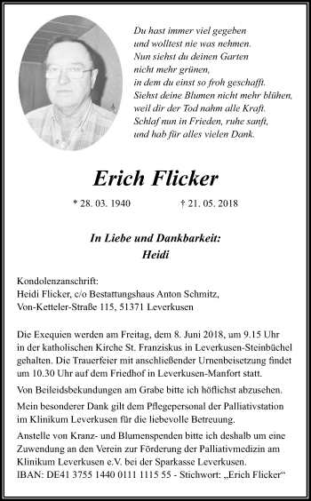 Anzeige von Erich Flicker von Kölner Stadt-Anzeiger / Kölnische Rundschau / Express