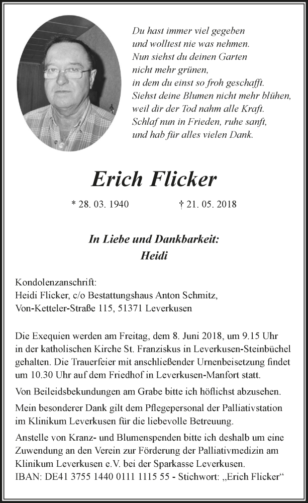  Traueranzeige für Erich Flicker vom 30.05.2018 aus  Lokale Informationen 