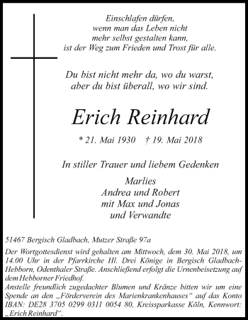Anzeige von Erich Reinhard von Kölner Stadt-Anzeiger / Kölnische Rundschau / Express