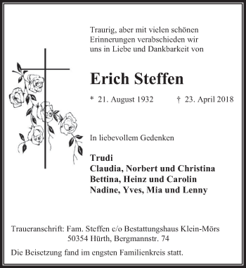 Anzeige von Erich Steffen von  Wochenende 