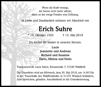 Anzeige von Erich Suhre von Kölner Stadt-Anzeiger / Kölnische Rundschau / Express