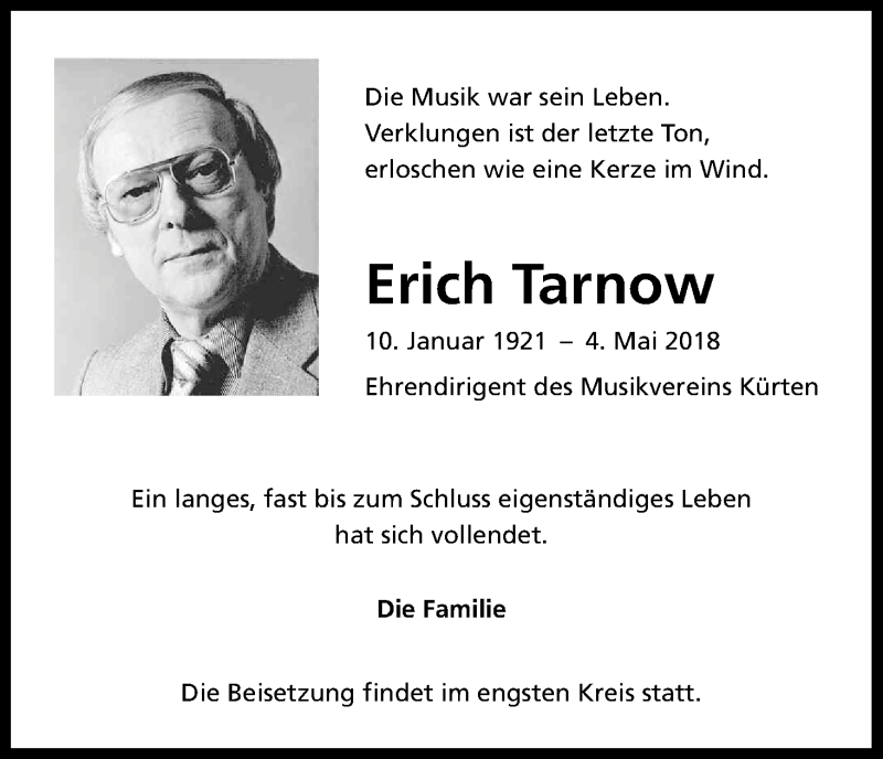  Traueranzeige für Erich Tarnow vom 12.05.2018 aus Kölner Stadt-Anzeiger / Kölnische Rundschau / Express