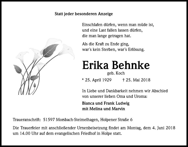  Traueranzeige für Erika Behnke vom 30.05.2018 aus Kölner Stadt-Anzeiger / Kölnische Rundschau / Express