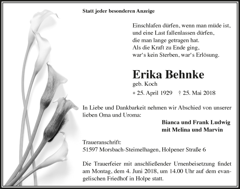  Traueranzeige für Erika Behnke vom 30.05.2018 aus  Lokalanzeiger 