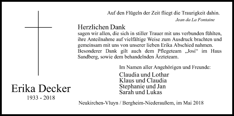  Traueranzeige für Erika Decker vom 09.05.2018 aus Kölner Stadt-Anzeiger / Kölnische Rundschau / Express