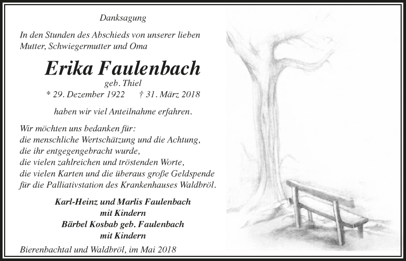  Traueranzeige für Erika Faulenbach vom 30.05.2018 aus  Anzeigen Echo  Lokalanzeiger 