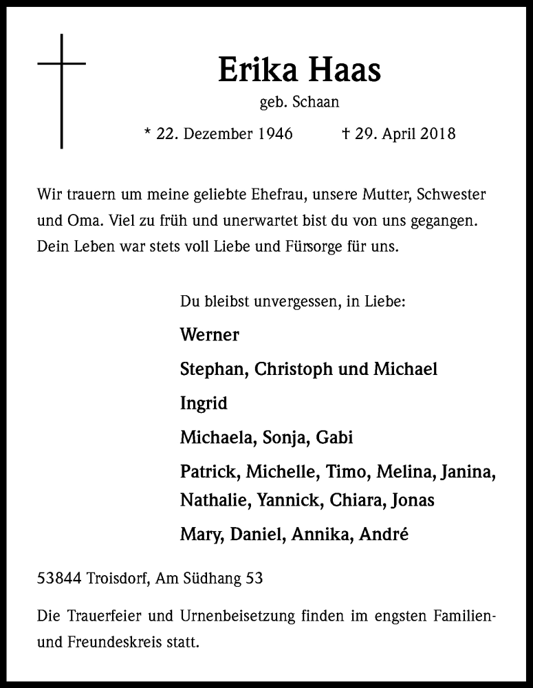  Traueranzeige für Erika Haas vom 23.05.2018 aus Kölner Stadt-Anzeiger / Kölnische Rundschau / Express