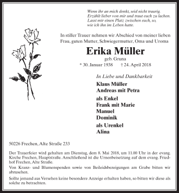 Anzeige von Erika Müller von  Wochenende 