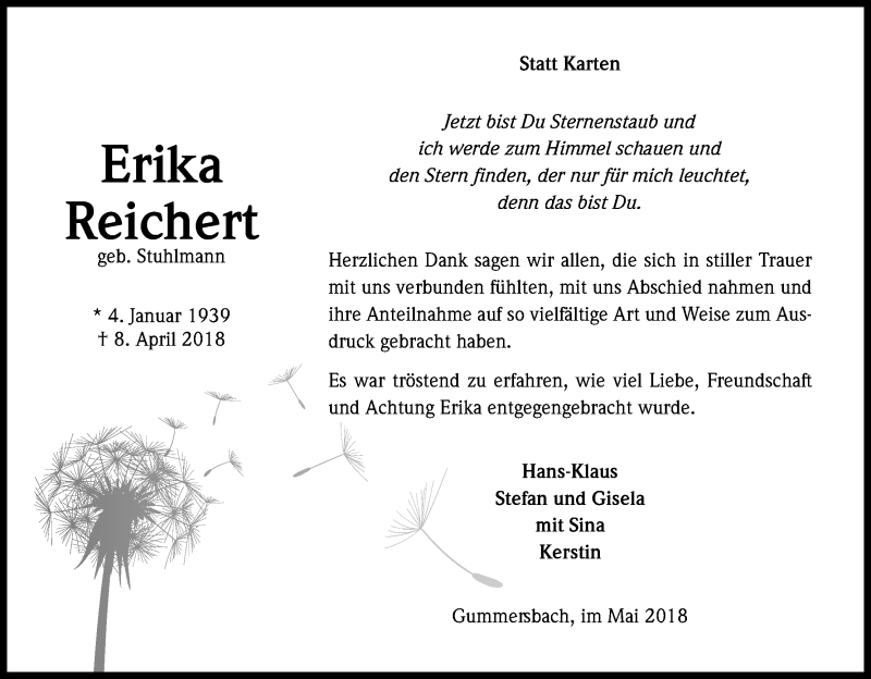  Traueranzeige für Erika Reichert vom 31.05.2018 aus Kölner Stadt-Anzeiger / Kölnische Rundschau / Express