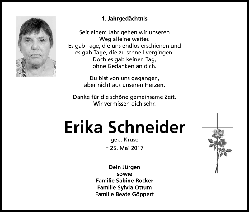  Traueranzeige für Erika Schneider vom 25.05.2018 aus Kölner Stadt-Anzeiger / Kölnische Rundschau / Express