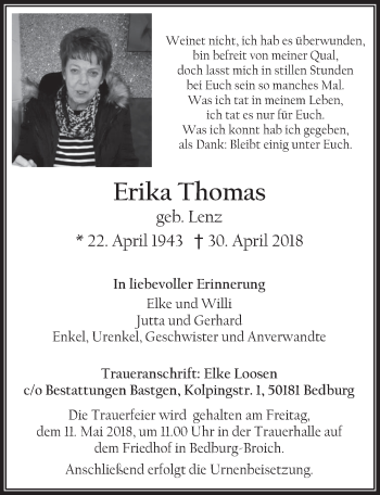 Anzeige von Erika Thomas von  Werbepost 