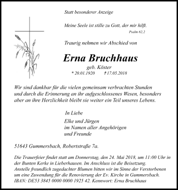 Anzeige von Erna Bruchhaus von Kölner Stadt-Anzeiger / Kölnische Rundschau / Express