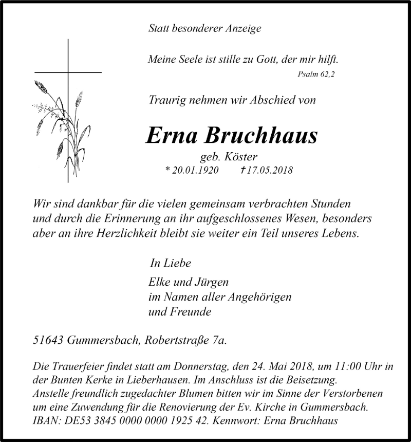  Traueranzeige für Erna Bruchhaus vom 23.05.2018 aus  Anzeigen Echo 