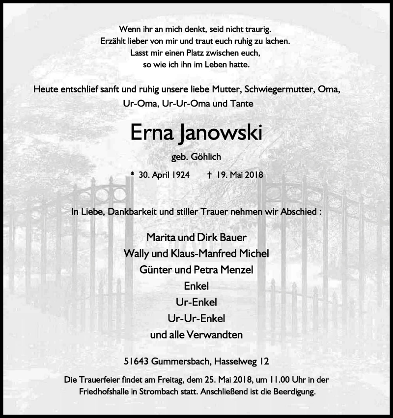  Traueranzeige für Erna  Janowski vom 23.05.2018 aus Kölner Stadt-Anzeiger / Kölnische Rundschau / Express
