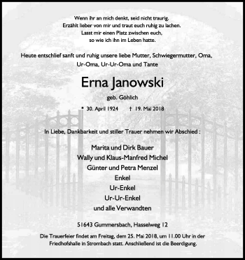 Anzeige von Erna  Janowski von Kölner Stadt-Anzeiger / Kölnische Rundschau / Express