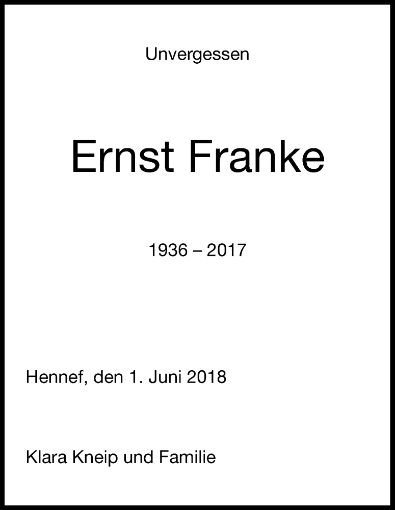  Traueranzeige für Ernst Franke vom 30.05.2018 aus Kölner Stadt-Anzeiger / Kölnische Rundschau / Express
