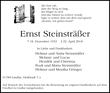 Anzeige von Ernst Steinsträßer von Kölner Stadt-Anzeiger / Kölnische Rundschau / Express